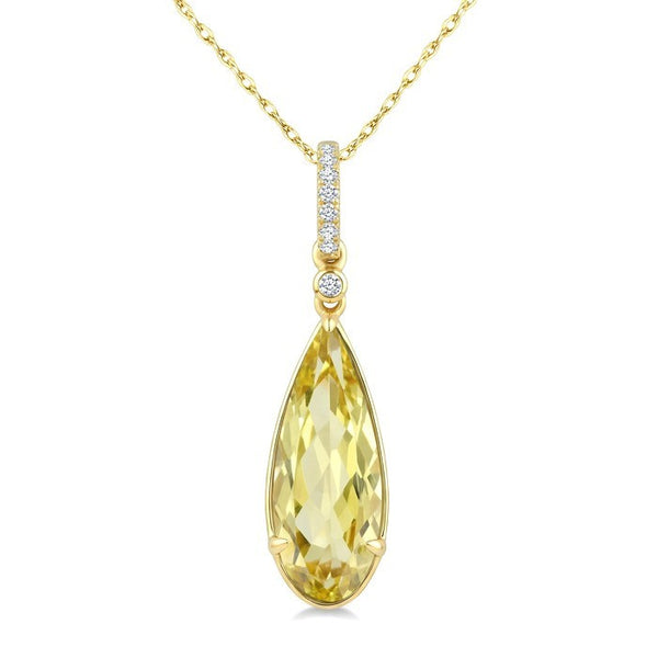 16X6 MM Evoque Gemstones Pear Shape Lemon Quartz and 1/20 Ctw Round Cut Diamond Semi-Precious Pendant With Chain in 10K Yellow Gold