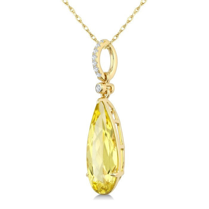 16X6 MM Evoque Gemstones Pear Shape Lemon Quartz and 1/20 Ctw Round Cut Diamond Semi-Precious Pendant With Chain in 10K Yellow Gold