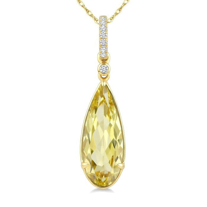 16X6 MM Evoque Gemstones Pear Shape Lemon Quartz and 1/20 Ctw Round Cut Diamond Semi-Precious Pendant With Chain in 10K Yellow Gold