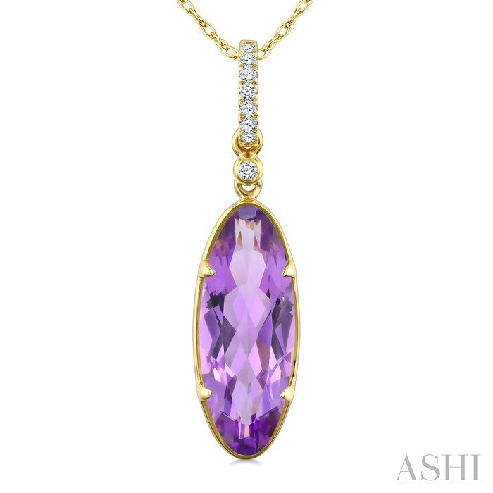 16X6 MM Evoque Gemstones Oval Shape Amethyst and 1/20 Ctw Round Cut Diamond Semi-Precious Pendant With Chain in 10K Yellow Gold