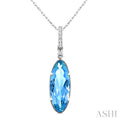 16X6 MM Evoque Gemstones Oval Shape Blue Topaz and 1/20 Ctw Round Cut Diamond Semi-Precious Pendant With Chain in 10K White Gold
