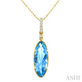 16X6 MM Evoque Gemstones Oval Shape Blue Topaz and 1/20 Ctw Round Cut Diamond Semi-Precious Pendant With Chain in 10K Yellow Gold