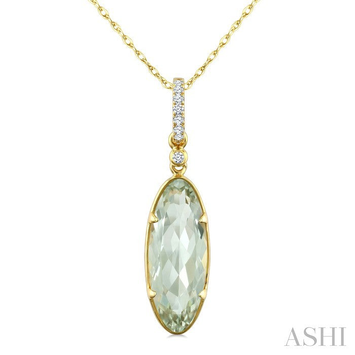 16X6 MM Evoque Gemstone Oval Shape Green Amethyst and 1/20 Ctw Round Cut Diamond Semi-Precious Pendant With Chain in 10K Yellow Gold