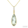 16X6 MM Evoque Gemstone Pear Shape Green Amethyst and 1/20 Ctw Round Cut Diamond Semi-Precious Pendant With Chain in 10K Yellow Gold