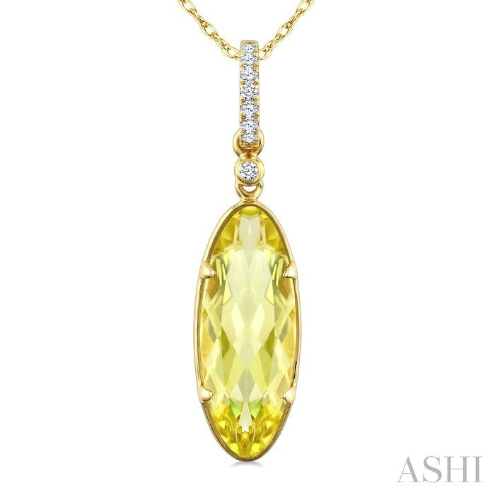16X6 MM Evoque Gemstones Oval Shape Lemon Quartz and 1/20 Ctw Round Cut Diamond Semi-Precious Pendant With Chain in 10K Yellow Gold