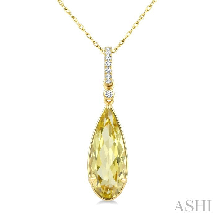 16X6 MM Evoque Gemstones Pear Shape Lemon Quartz and 1/20 Ctw Round Cut Diamond Semi-Precious Pendant With Chain in 10K Yellow Gold