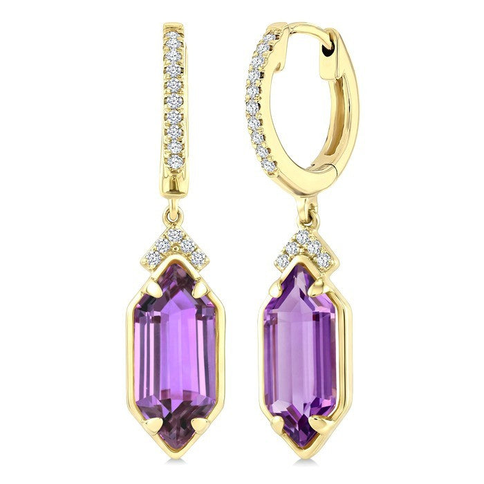 12X5 MM Evoque Gemstones Hexagon Shape Amethyst and 1/6 Ctw Round Cut Diamond Semi-Precious Earrings in 10K Yellow Gold