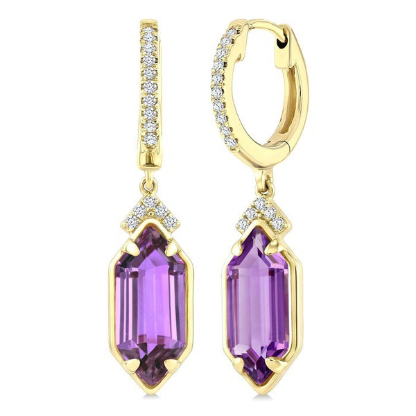 12X5 MM Evoque Gemstones Hexagon Shape Amethyst and 1/6 Ctw Round Cut Diamond Semi-Precious Earrings in 10K Yellow Gold