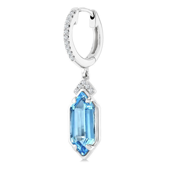 12X5 MM Evoque Gemstones Hexagon Shape Blue Topaz and 1/6 Ctw Round Cut Diamond Semi-Precious Earrings in 10K White Gold