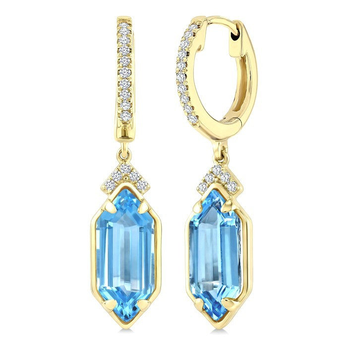 12X5 MM Evoque Gemstones Hexagon Shape Blue Topaz and 1/6 Ctw Round Cut Diamond Semi-Precious Earrings in 10K Yellow Gold