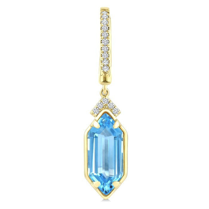 12X5 MM Evoque Gemstones Hexagon Shape Blue Topaz and 1/6 Ctw Round Cut Diamond Semi-Precious Earrings in 10K Yellow Gold