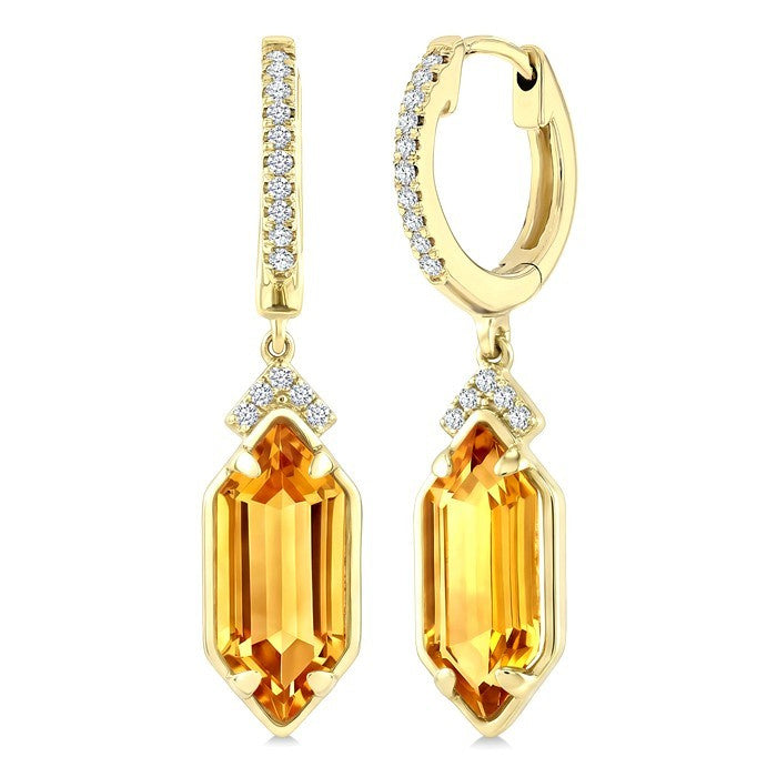 12X5 MM Evoque Gemstones Hexagon Shape Citrine and 1/6 Ctw Round Cut Diamond Semi-Precious Earrings in 10K Yellow Gold