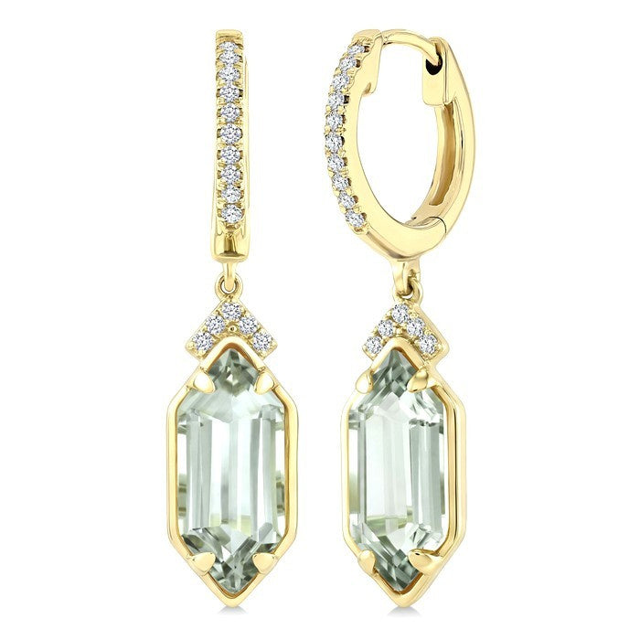 12X5 MM Evoque Gemstones Hexagon Shape Green Amethyst and 1/6 Ctw Round Cut Diamond Semi-Precious Earrings in 10K Yellow Gold