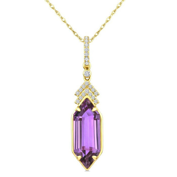 16X6 MM Evoque Gemstones Hexagon Shape Amethyst and 1/10 Ctw Round Cut Diamond Semi-Precious Pendant With Chain in 10K Yellow Gold