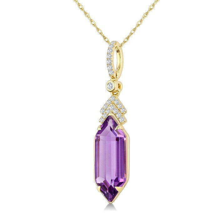 16X6 MM Evoque Gemstones Hexagon Shape Amethyst and 1/10 Ctw Round Cut Diamond Semi-Precious Pendant With Chain in 10K Yellow Gold