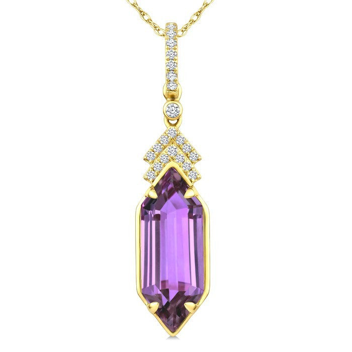 16X6 MM Evoque Gemstones Hexagon Shape Amethyst and 1/10 Ctw Round Cut Diamond Semi-Precious Pendant With Chain in 10K Yellow Gold