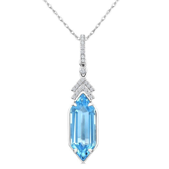 16X6 MM Evoque Gemstones Hexagon Shape Blue Topaz and 1/10 Ctw Round Cut Diamond Semi-Precious Pendant With Chain in 10K White Gold