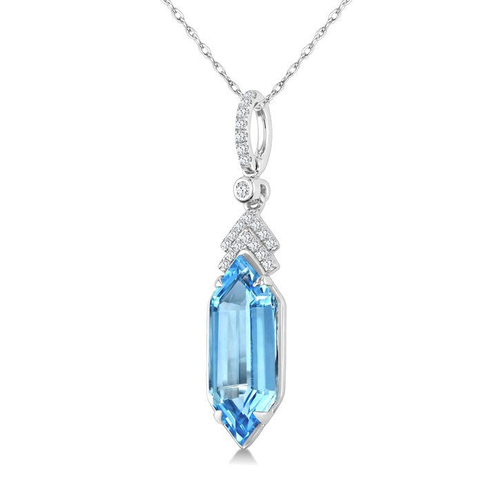 16X6 MM Evoque Gemstones Hexagon Shape Blue Topaz and 1/10 Ctw Round Cut Diamond Semi-Precious Pendant With Chain in 10K White Gold