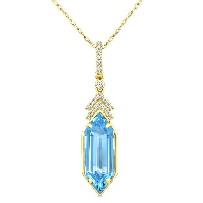 16X6 MM Evoque Gemstones Hexagon Shape Blue Topaz and 1/10 Ctw Round Cut Diamond Semi-Precious Pendant With Chain in 10K Yellow Gold