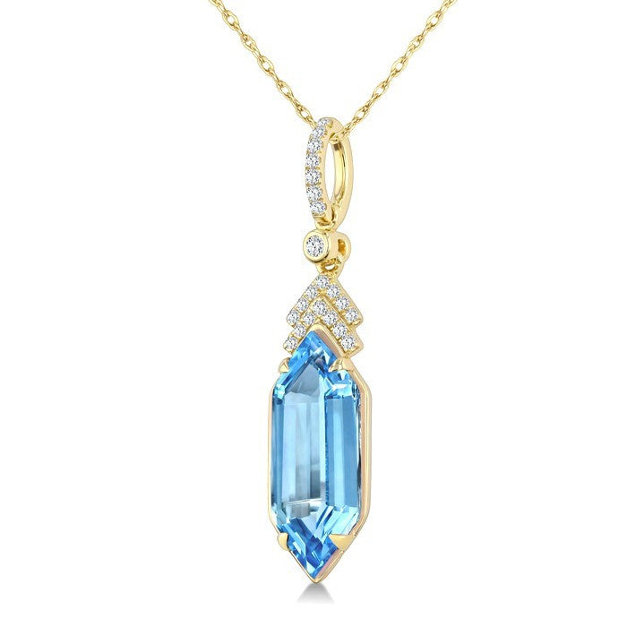 16X6 MM Evoque Gemstones Hexagon Shape Blue Topaz and 1/10 Ctw Round Cut Diamond Semi-Precious Pendant With Chain in 10K Yellow Gold