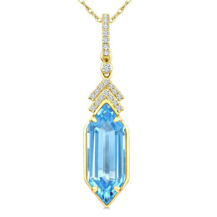 16X6 MM Evoque Gemstones Hexagon Shape Blue Topaz and 1/10 Ctw Round Cut Diamond Semi-Precious Pendant With Chain in 10K Yellow Gold