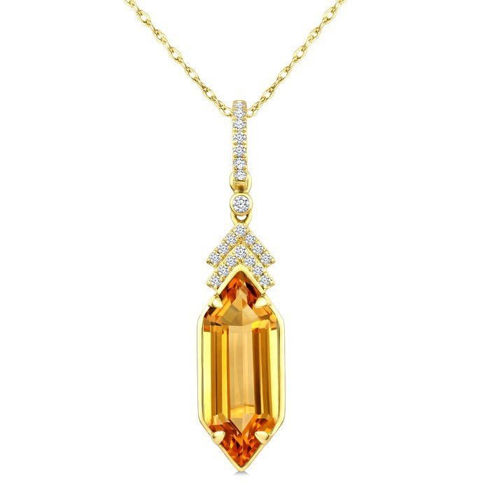 16X6 MM Evoque Gemstone Hexagon Shape Citrine and 1/10 Ctw Round Cut Diamond Semi-Precious Pendant With Chain in 10K Yellow Gold