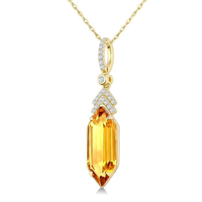 16X6 MM Evoque Gemstone Hexagon Shape Citrine and 1/10 Ctw Round Cut Diamond Semi-Precious Pendant With Chain in 10K Yellow Gold