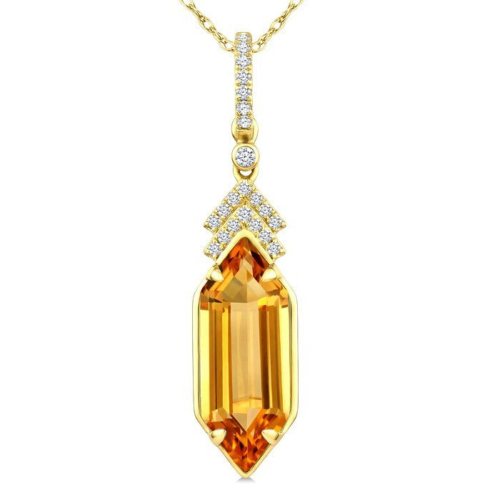 16X6 MM Evoque Gemstone Hexagon Shape Citrine and 1/10 Ctw Round Cut Diamond Semi-Precious Pendant With Chain in 10K Yellow Gold