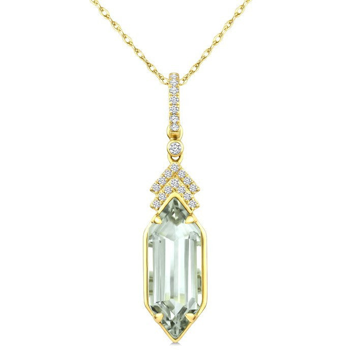 16X6 MM Evoque Gemstone Hexagon Shape Green Amethyst and 1/10 Ctw Round Cut Diamond Semi-Precious Pendant With Chain in 10K Yellow Gold
