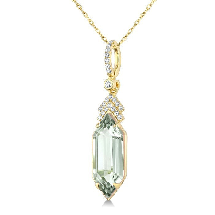16X6 MM Evoque Gemstone Hexagon Shape Green Amethyst and 1/10 Ctw Round Cut Diamond Semi-Precious Pendant With Chain in 10K Yellow Gold