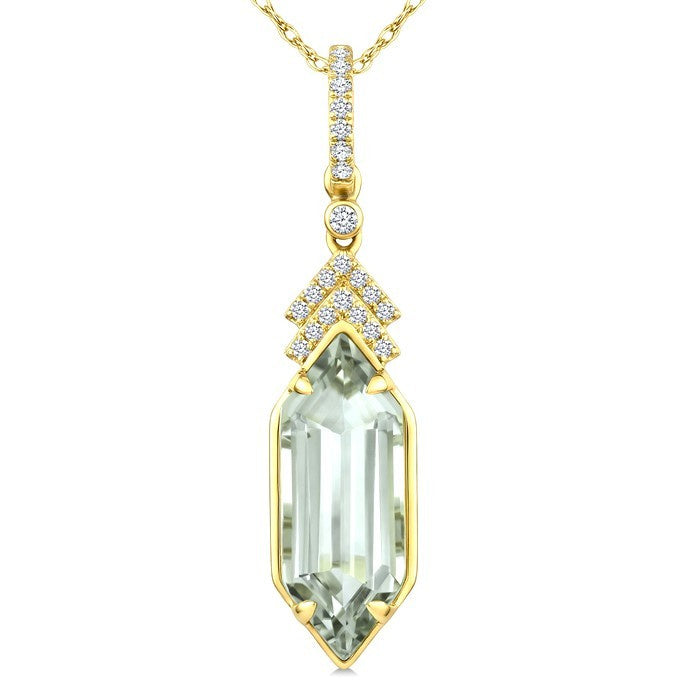 16X6 MM Evoque Gemstone Hexagon Shape Green Amethyst and 1/10 Ctw Round Cut Diamond Semi-Precious Pendant With Chain in 10K Yellow Gold
