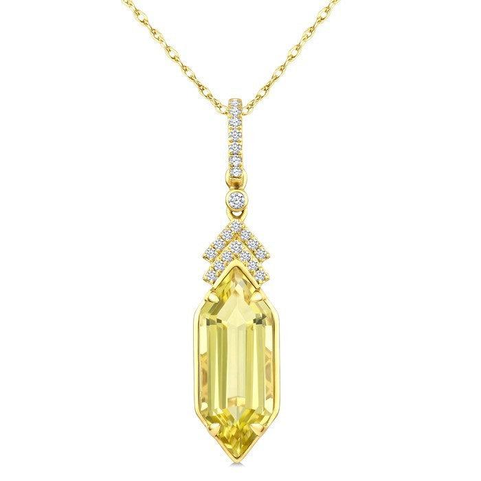 16X6 MM Evoque Gemstones Hexagon Shape Lemon Quartz and 1/10 Ctw Round Cut Diamond Semi-Precious Pendant With Chain in 10K Yellow Gold