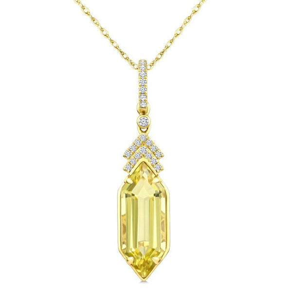 16X6 MM Evoque Gemstones Hexagon Shape Lemon Quartz and 1/10 Ctw Round Cut Diamond Semi-Precious Pendant With Chain in 10K Yellow Gold