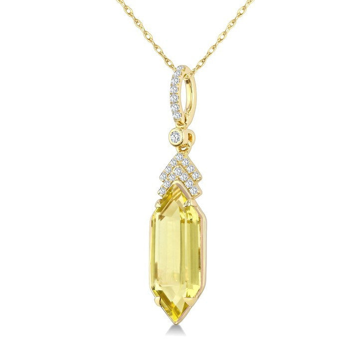 16X6 MM Evoque Gemstones Hexagon Shape Lemon Quartz and 1/10 Ctw Round Cut Diamond Semi-Precious Pendant With Chain in 10K Yellow Gold