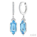 12X5 MM Evoque Gemstones Hexagon Shape Blue Topaz and 1/6 Ctw Round Cut Diamond Semi-Precious Earrings in 10K White Gold