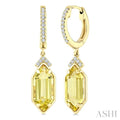12X5 MM Evoque Gemstones Hexagon Shape Lemon Quartz and 1/6 Ctw Round Cut Diamond Semi-Precious Earrings in 10K Yellow Gold