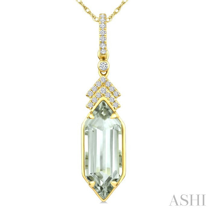 16X6 MM Evoque Gemstone Hexagon Shape Green Amethyst and 1/10 Ctw Round Cut Diamond Semi-Precious Pendant With Chain in 10K Yellow Gold