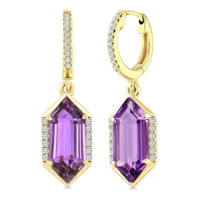 12X5 MM Evoque Gemstones Hexagon Shape Amethyst and 1/5 Ctw Round Cut Diamond Semi-Precious Earrings in 10K Yellow Gold