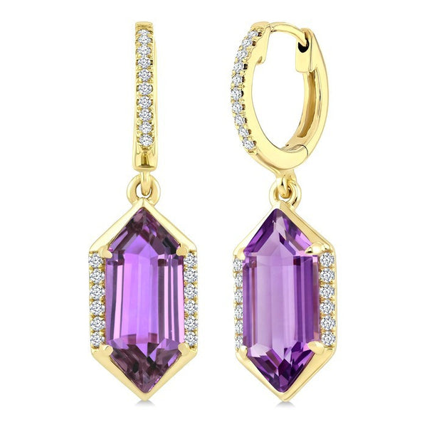 12X5 MM Evoque Gemstones Hexagon Shape Amethyst and 1/5 Ctw Round Cut Diamond Semi-Precious Earrings in 10K Yellow Gold