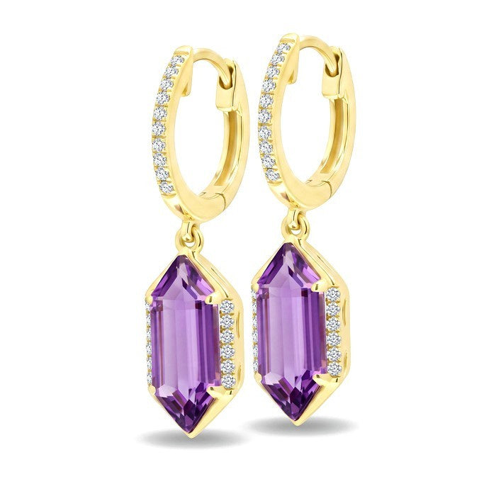 12X5 MM Evoque Gemstones Hexagon Shape Amethyst and 1/5 Ctw Round Cut Diamond Semi-Precious Earrings in 10K Yellow Gold