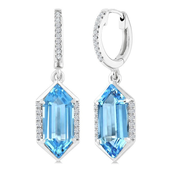 12X5 MM Evoque Gemstones Hexagon Shape Blue Topaz and 1/5 Ctw Round Cut Diamond Semi-Precious Earrings in 10K White Gold