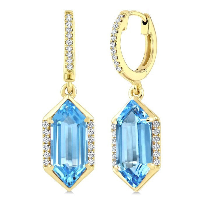 12X5 MM Evoque Gemstones Hexagon Shape Blue Topaz and 1/5 Ctw Round Cut Diamond Semi-Precious Earrings in 10K Yellow Gold