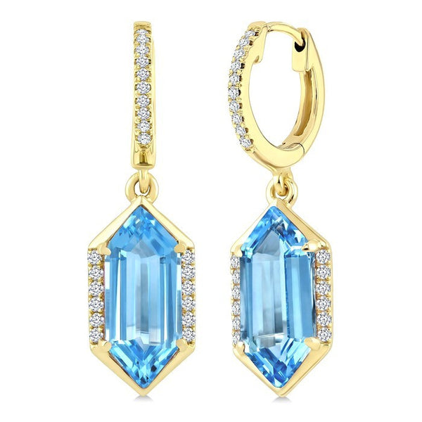 12X5 MM Evoque Gemstones Hexagon Shape Blue Topaz and 1/5 Ctw Round Cut Diamond Semi-Precious Earrings in 10K Yellow Gold