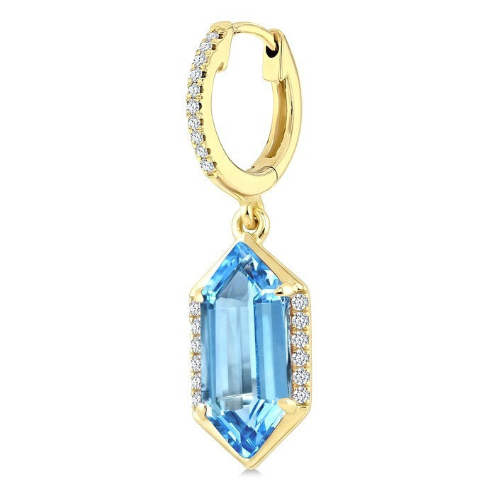 12X5 MM Evoque Gemstones Hexagon Shape Blue Topaz and 1/5 Ctw Round Cut Diamond Semi-Precious Earrings in 10K Yellow Gold