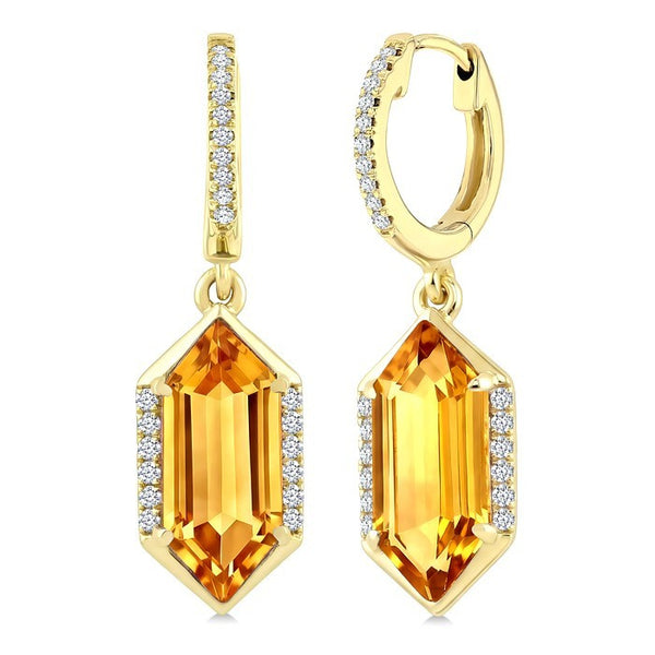 12X5 MM Evoque Gemstones Hexagon Shape Citrine and 1/5 Ctw Round Cut Diamond Semi-Precious Earrings in 10K Yellow Gold