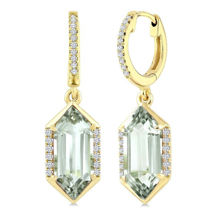 12X5 MM Evoque Gemstones Hexagon Shape Green Amethyst and 1/5 Ctw Round Cut Diamond Semi-Precious Earrings in 10K Yellow Gold