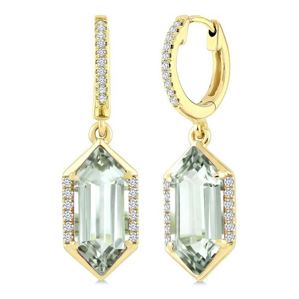 12X5 MM Evoque Gemstones Hexagon Shape Green Amethyst and 1/5 Ctw Round Cut Diamond Semi-Precious Earrings in 10K Yellow Gold