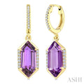 12X5 MM Evoque Gemstones Hexagon Shape Amethyst and 1/5 Ctw Round Cut Diamond Semi-Precious Earrings in 10K Yellow Gold