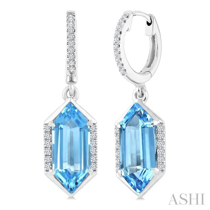 12X5 MM Evoque Gemstones Hexagon Shape Blue Topaz and 1/5 Ctw Round Cut Diamond Semi-Precious Earrings in 10K White Gold