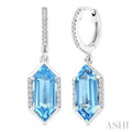 12X5 MM Evoque Gemstones Hexagon Shape Blue Topaz and 1/5 Ctw Round Cut Diamond Semi-Precious Earrings in 10K White Gold